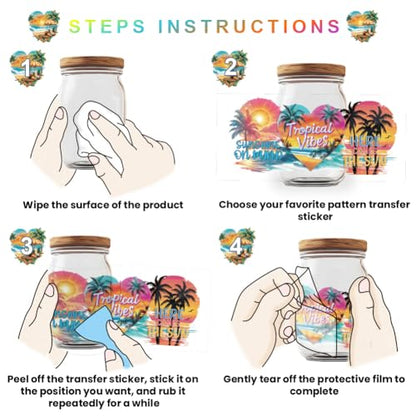 20 Pcs UV DTF Cup Wraps, 10 Styles Summer Beach Decals Cartoon Rub on Decals Waterproof Transfer Stickers for Glass Cups Wood Crafts - style: Summer Beach