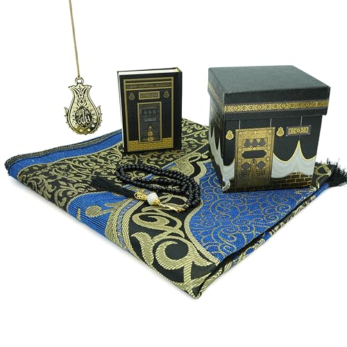 Modefa Turkish Prayer Mat - Thin Woven Chenille Praying Rug for Men and Women - Ramadan or Eid Gift Set for Muslim with Quran, Tesbih Prayer Beads - Ottoman Gift Box Set (Blue) - color: Blue