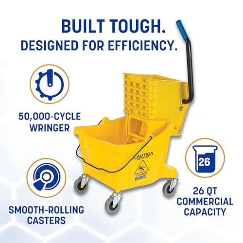 Carlisle FoodService Products 26 Qt Mop Bucket with Side Wringer, Yellow | 18.5 x 16.5 x 16.5 in, 34.25-in Handle Height, Polypropylene, 50,000-Cycle Wringer, Non-Marking Casters, Assembly Required - color: Yellow