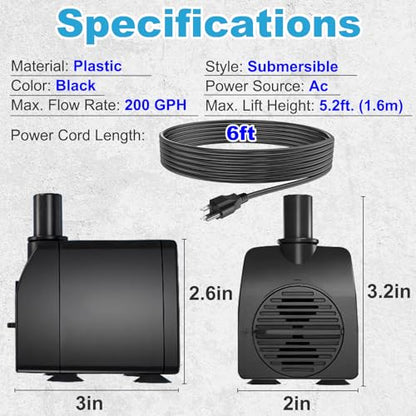 Knifel Submersible Pump 200GPH Ultra Quiet with Over Heating Protection 5.2ft High Lift for Fountains, Hydroponics, Ponds, Aquariums & More… - size: 200GPH with Over Heating Protection