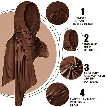 Vabean 4 Pcs Instant Hijab for Women Jersey Hijabs Pinless Ramadan Islamic Muslim Head Wraps Premium Head Scarf Shawl turban - color: Coffee, Navy Blue, Black, Gray