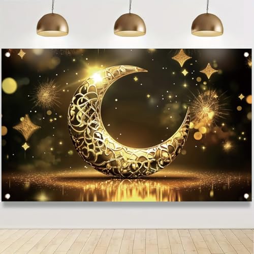 Golden Crescent Moon Banner 71x43 Inch Luxury Starry Night Design for Ramadan Eid Party Decorations Islamic Festival Home Decor - color: Style 5