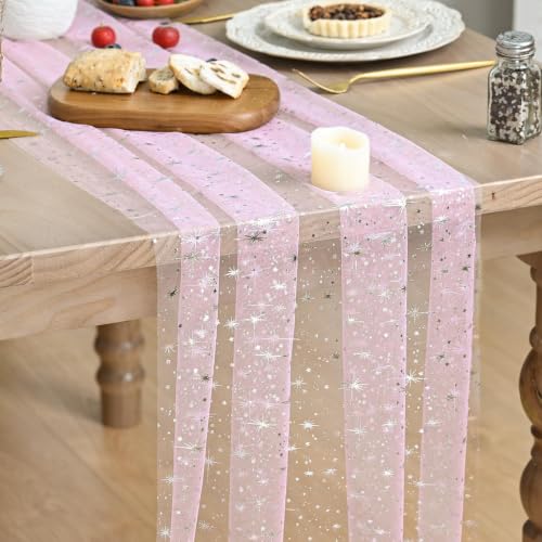 Artoid Mode Silver Stars Pink Gauze Table Runner 120 Inch 10FT, Reversible Glitter Sheer Dining Wedding Holiday Birthday Table Decor for Home Party - color: Pink Silver, size: 28" x 120"