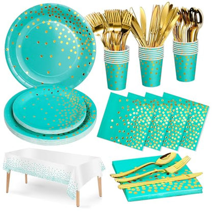 Nkaiso 141Pcs Teal Gold Paper Plates and Napkins Party Supplies-20 Guests - color: Blue Green and Gold