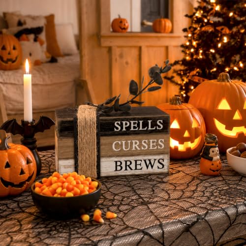 4 Pcs Halloween Table Decorations Halloween Tiered Tray Decorations Rustic Mini Eucalyptus Leaf Coffee Wooden Faux Books Stacks Centerpiece Signs for Farmhouse Office Shelf Tabletop Office Bookshelf - style: Eucalyptus Leaf