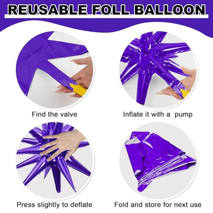 9Pcs Purple and Gold Star Balloons, Large Spike Foil Balloons Party Decor - color: Gold + Dark Purple