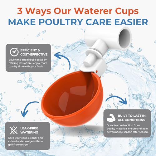 Lil'Clucker Large Automatic Chicken Waterer Cups with 1/2" PVC Tee Fittings - Chicken Water Cups, Chicken Water Feeder, for Chicks, Duck, Goose, Turkey - Poultry Waterer Feeder Kit (Orange, 8-Pack) - size: 8-Pack