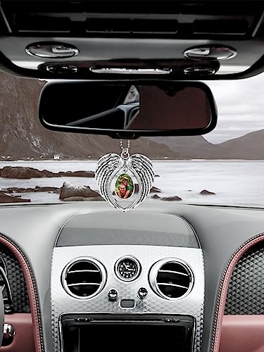 PiercingJ Custom Photo Rearview Mirror Car Charm Double Side Picture Engraving Car Hanging Ornament Angel Wing Car Charm Gift for Men Women (Silver(Water Droplet)) - color: Silver(water Droplet)-1 Pc