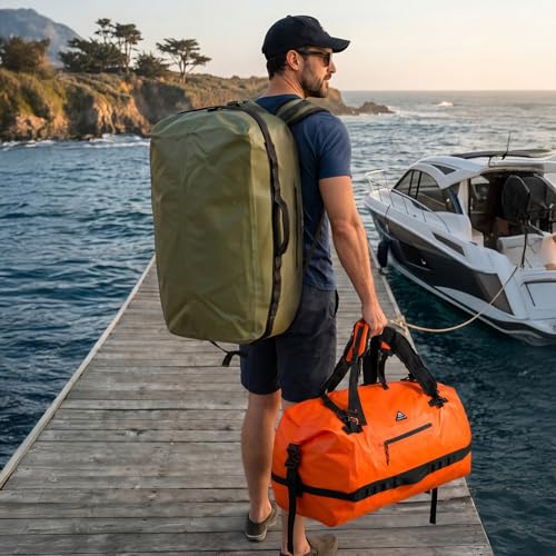 Haimont IPX7 Waterproof Roll-Top Dry Duffel Backpack | 60L/90L Sizes, 500D Tarpaulin, Welded Seams, Mesh Pockets, Boating & Kayaking - color: Orange, size: 60L