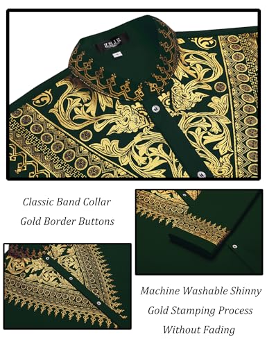 Mens African 2 Piece Set Metallic Traditional Suit Gold Stamp Printed African Dashiki Shirt and Pants Outfit - color: Dark Green, size: Small