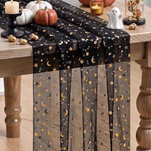 Artoid Mode Black Gauze Stars Moon Table Runner 10FT, Glitter Metallic Foil Sheer Dining Wedding Anniversary Holiday Birthday Table Decor for Home Party - color: Black Gold