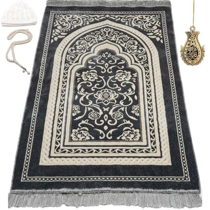 Modefa Turkish Islamic Velvet Prayer Rug - Thick & Wide Soft Praying Carpet for Men & Women - Eid & Ramadan Gift - with Kufi Cap, Beads & Car Hanger - Double Plush (Floral Arch - Grey) - color: Floral Arch - Grey