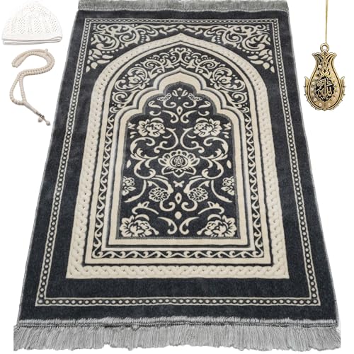 Modefa Turkish Islamic Velvet Prayer Rug - Thick & Wide Soft Praying Carpet for Men & Women - Eid & Ramadan Gift - with Kufi Cap, Beads & Car Hanger - Double Plush (Floral Arch - Grey) - color: Floral Arch - Grey