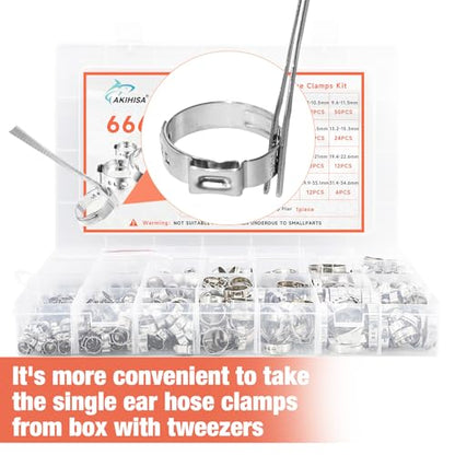 AKIHISA 666Pcs Single Ear Hose Clamps, 24 Sizes 5.3-34.6mm 304 Stainless Steel Ear Clamps Crimp Hose Clamps Cinch Rings Assortment Kit for Automotive, Pipe, Plumbing - size: 666Pcs (5.3-34.6mm)