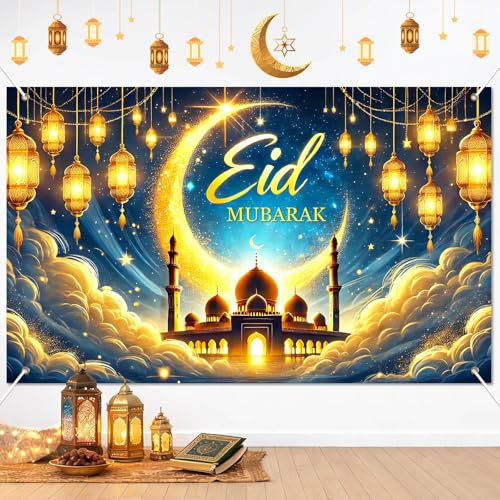 BlissYard Eid Mubarak Banner 71x43 Inch Polyester Decoration with Golden Crescent Moon Lanterns Stars Mosque and Eid Festival Backdrop for Ramadan Celebration Banner - color: Ramadan Mubarak Decor#002