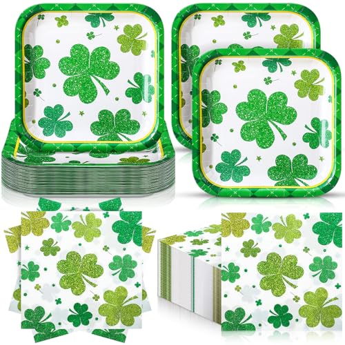 Zhehao 72 Pcs St. Patrick's Day Plates and Napkins Set Serve 36, 7" Square Shamrock Paper Dessert Plates and Napkins Green Clover Disposable Dinnerware Decoration for Irish Festival Party Supplies - style: Saint Patrick's