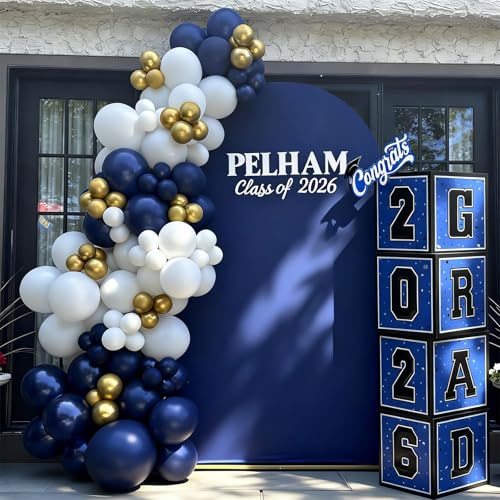 2026 Graduation Decorations, 4Pcs Graduation Boxes with 60pcs Blue Gold Balloons for College, High School, Prom Party Supplies