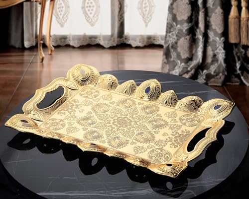 DEMMEX Engraved Turkish Tea and Coffee Serving Tray - Decorative Gold Rectangular Tray for 6, Heavy-Duty Metal, 14.5" x 10", Ideal for Turkish Tea and Coffee Sets