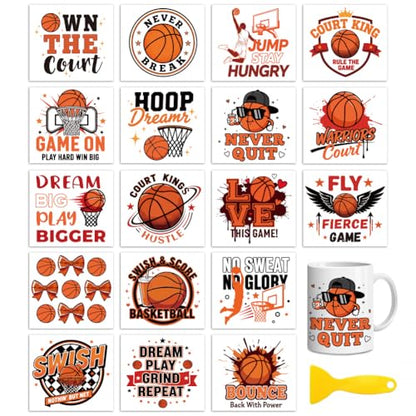 Peacoblue 18 Sheets Rub on Transfers for Crafts, Basketball 3.6"x3.9" UV DTF Cup Wraps Waterproof Rub on Cold Transfers Stickers for Wood Glass Metal Cup Tumblers Mirrors Mugs Home Decor - style: Basketball