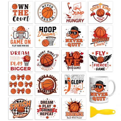 Peacoblue Basketball Rub On Transfers for Craft, Transfer Sticker | 18 Sheets UV DTF Transfers, Waterproof Rub On Decals for Wood, Glass, Furniture, Tumblers & Home Decor Crafts - style: Basketball
