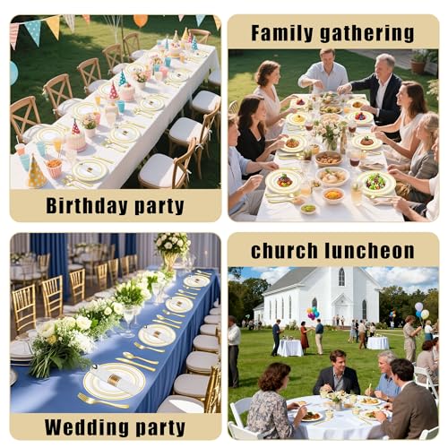 Zcaukya 350 PCS Gold Plastic Dinnerware for 50 Guests, Elegant Disposable Utensils Set with 100 Plates, 50 Pre-Wrapped Napkins, 50 Cups, 50 Spoons, 50 Forks and 50 Knives for Birthday Parties Weddings