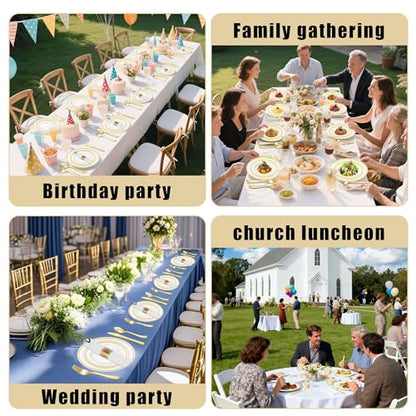 Zcaukya 350 PCS Gold Plastic Dinnerware for 50 Guests, Elegant Disposable Utensils Set with 100 Plates, 50 Pre-Wrapped Napkins, 50 Cups, 50 Spoons, 50 Forks and 50 Knives for Birthday Parties Weddings