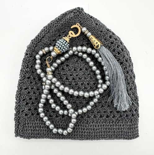 ESERRA Kufi Hats for Men and Women with 99 Tasbih Prayer Beads, Muslim Thick Breathable Skull Cap, Tasbeeh, Prayer Cap - color: Gray