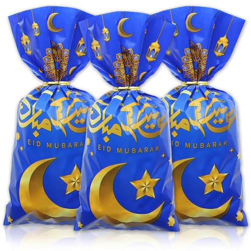 Geluode Eid Cellophane Treat Bags, 100 Pcs Ramadan Mubarak Plastic Candy Bags with Twist Ties, Eid Moon Gift Bags Party Favor Bags For Muslim Islam Ramadan Theme Party