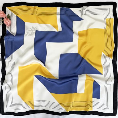 FONYVE Silk Feeling Scarf Medium Square Satin Head Scarf for Women 27.5 × 27.5 inches - color: 04 Geometric Blue & Yellow