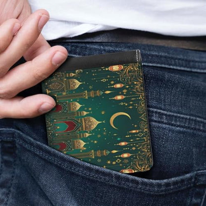 Green & Golden Islamic-Inspired Bifold Wallet 4.6x3.7 Inch,Slim Compact Folding Wallet with Card Slots And Cash Pocket Lightweight Wallet for Everyday Carry Travel Business - color: Green & Golden Islamic-Inspired