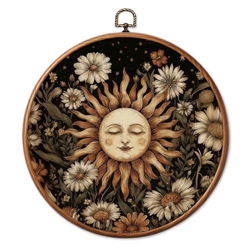 Chicimln Vintage Boho Sun Floral Round Wall Art, Dark Cottagecore Botanical Celestial Framed Canvas Prints, Gothic Witchy Sun Circle Wall Hanging Decor for Home Bedroom Living Room 10x10 Inch - color: Boho Sun 04