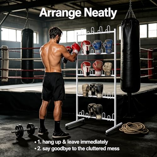 20 Pairs Boxing Gloves Drying Rack, 28.74x23.62x72.05in Freestanding Boxing Glove Storage Stand with 4 Wheels, Metal Boxing Gloves Storage Display Rack with Hooks, Pre-drilled Holes - color: White