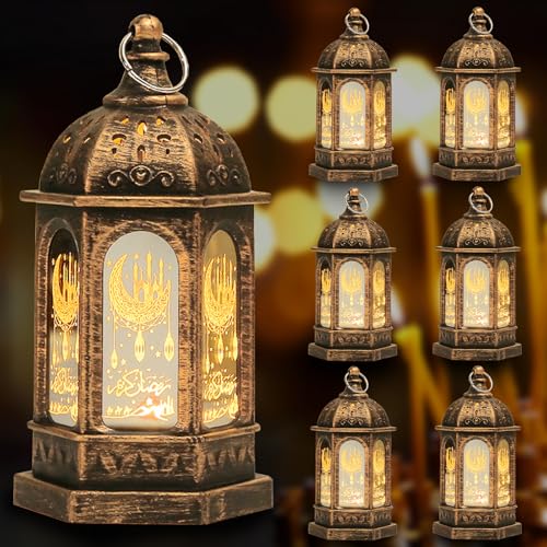 6PCS Mini Ramadan Lantern for Ramadan Decorations, Bronze Mini Castle Moon Pattern Ramadan Lantern for Ramadan Gift Table Decoration Housewarming Decor, Religious Eid Mubarak Lights Lantern - color: Style 3