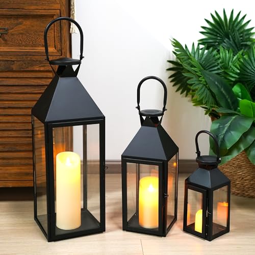 Elegant Candle Lantern Set- 3 Sizes (26", 19", 13" H) - Tempered Glass Panel Metal Candle Holders for Versatile Indoor & Outdoor Decorating - Perfect for Celebrations(Black) - color: Black