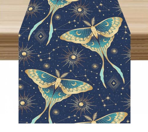 Moth Table Runner Magical Moths Constellation Pattern Decor for Indoor Outdoor Wedding Party Dinner Festival Farmhouse Holiday Home Kitchen Dining Room, 13x36in - color: Moth-blue, size: 13x36in