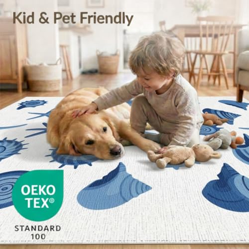 6'x9' Washable Graphic Seashell Area Rug, Blue Non-Shedding Pet Friendly Room Rug Foldable Easy Care Carpet for Queen Size Bedroom, Under Bed, Master Suite | Ref:1952585 - color: Blue/Pattern 50, size: 6' x 9' (Rectangular)