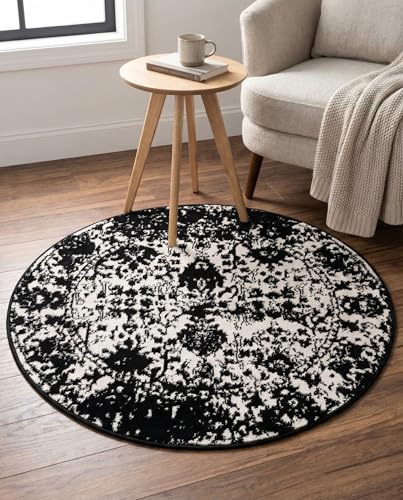 Rugs.com - Oregon Rug – 3 Ft Round Black and White Easy-Clean Area Rug – Distressed Floral Accent for Entryways, Bedrooms, and Cozy Nooks - color: Black and White, size: 3' (Round)