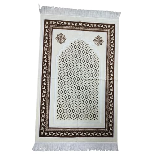 Islamic Prayer Rug with Geometric Arch Design, Traditional Turkish Prayer Mat, Polyester Blend, 27.6 x 43.3 Inches, Low Pile with Fringed Edges, Machine Washable (Coffee) - color: Coffee