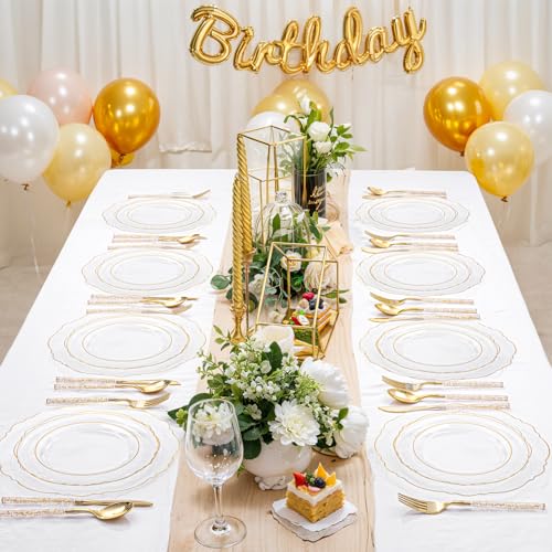 Liacere 150PCS Clear Gold Plastic Plates - Disposable Plastic Silverware with Glitter Bamboo Handle Cutlery-Baroque Clear Gold Disposable Plates for Wedding & Party & Mother's Day - color: Gold, size: Baroque Style
