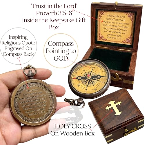 Trust Lord Compass – Religious Brass Compass Gift with Bible Proverb Engraved – Christian Inspirational Gift for Men, Faith-Based Graduation, Birthday, Gift for Son, Holy Gift - style: Trust Lord - Brown Locket