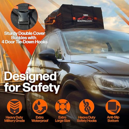23 cft. Extra Waterproof Rooftop Cargo Carrier Bag, Double Weatherproof Zippers,10 Heavy-Duty Tie-Down Straps fit Cars with/Without a Rack or Side Rails, Safety Hooks Included - size: 23 Cubic feet