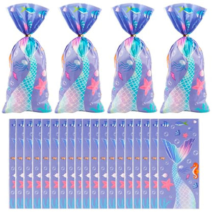 LERCTH 50 PCS Mermaid Gift Bags with Twist Ties - 4.9x10.7 Inch Treat Bags, Mermaid Tail Design Party Favor Bags for Mermaid Theme Party, Ocean Birthday, Summer Pool Party & Beach Events - color: Mermaid goodie bags 50packs