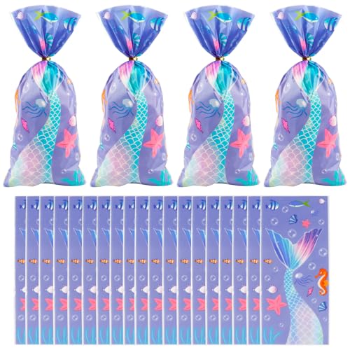 LERCTH 50 PCS Mermaid Gift Bags with Twist Ties - 4.9x10.7 Inch Treat Bags, Mermaid Tail Design Party Favor Bags for Mermaid Theme Party, Ocean Birthday, Summer Pool Party & Beach Events - color: Mermaid goodie bags 50packs
