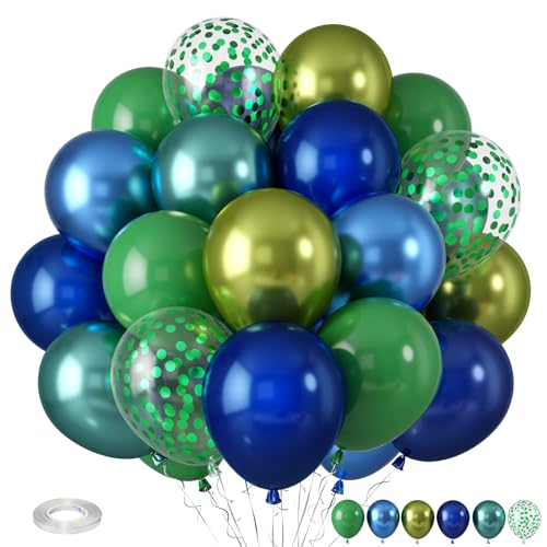 Blue and Green Balloons, Dark Green Metallic Balloons and Royal Blue Balloon, Metallic Blue Green Confetti Balloon for Boy Birthday Baby Shower Jungle Safari Theme Wedding Party Supplies - color: Blue Green Confetti
