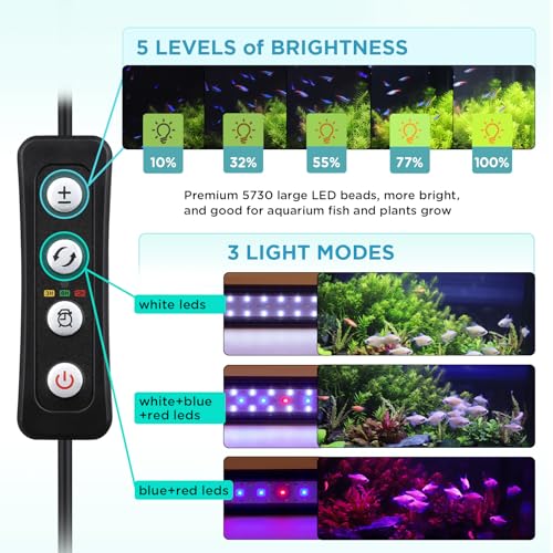 hygger 7W Full Spectrum Aquarium Light with Aluminum Alloy Shell and Plastic Extendable Brackets, White Blue Red LEDs, External Controller, for Freshwater Fish Tank (5-8.5 inch) - size: 7W (5-8.5inch)
