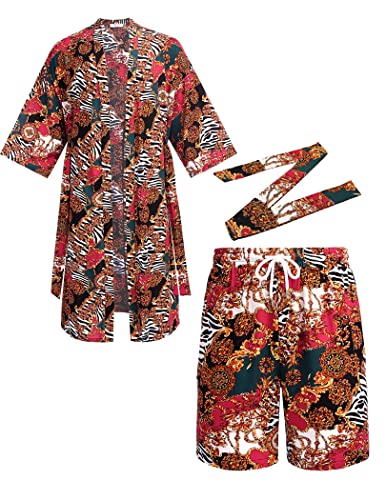 COOFANDY Men Lightweight 2 Piece Kimono Robe with Shorts Japanese Robes Casual Open Front Long Cardigan With Belt - color: White(luxury Print), size: X-Large