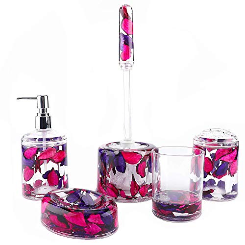 5 Piece Acrylic Liquid 4D Floating Motion Bathroom Vanity Accessory Set Garden Theme Leaf Toothbrush Holder, Tumbler, Soap Dispenser, Soap Dish, Toiletbrush Holder Set - size: 5-piece, style: Leaf
