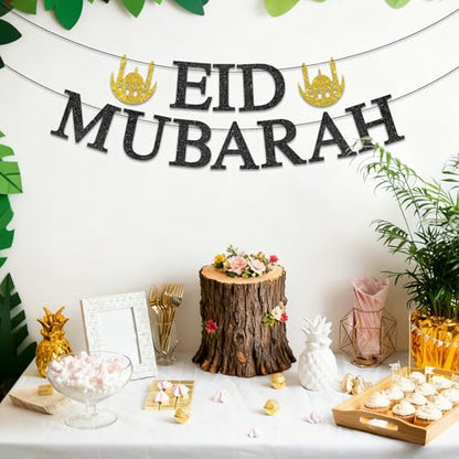 Eid Mubarak Banner - Happy Eid Decor, Ramadan Mubarak Decor, Muslim Islamic Eids Festival Party Decorations Gold Glitter