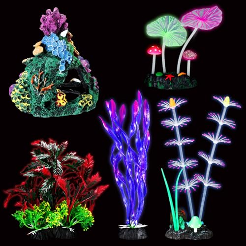 Halloscume 5 Pcs Fish Tank Decorations Glow in the Dark Betta Tank Decorations Fish Aquarium Accessories Ornaments Colorful Coral Reef Decor Set Include Coral Reef, Water Grass, Lotus Leaf and Kelp