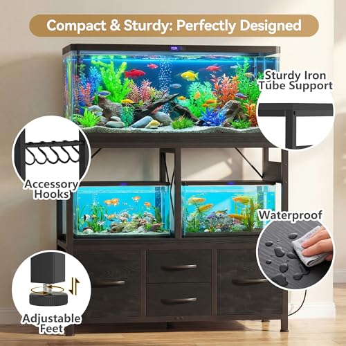 Heybly 30-40 Gallon Fish Tank Stand, Aquarium Stand with Drawer, Power Outlet, Heavy Duty Metal Frame, for Fish Tank, Turtle & Reptile Terrarium, 36.2" L × 18.1" Top, 660lbs (Top)+330lbs(Mid), Black HAS004BK - color: Black, size: 40 gal